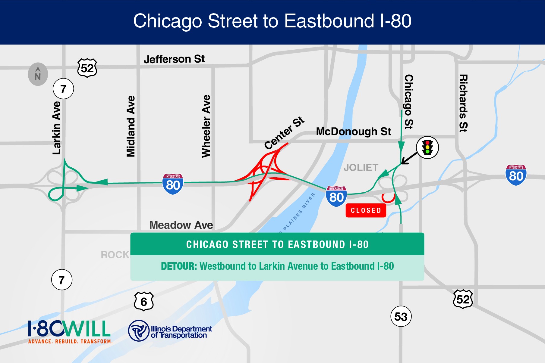 2026 Gerber Collision Glass Route 66 NHRA Nationals Presented By PEAK {61624f22 39a2 466e A20d I80Will DetourMap ChicagoSt ChicagotoEB Map2 